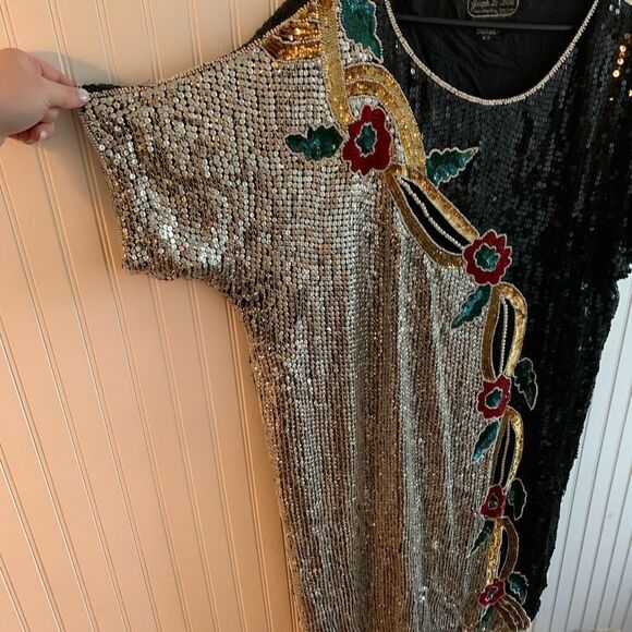 Vintage Beaded Dress Black Silver 2x Joseph Le Bon - Picture 2 of 6